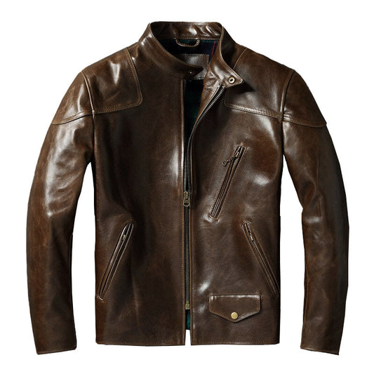 Top Layer Oil Waxed Cowhide Leather Jacket