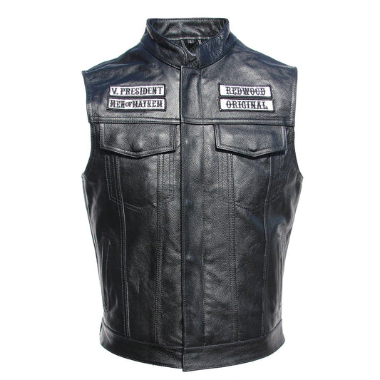 Men's Leather Motorcycle Vest with Embroidered Design - Sons of Anarchy Style