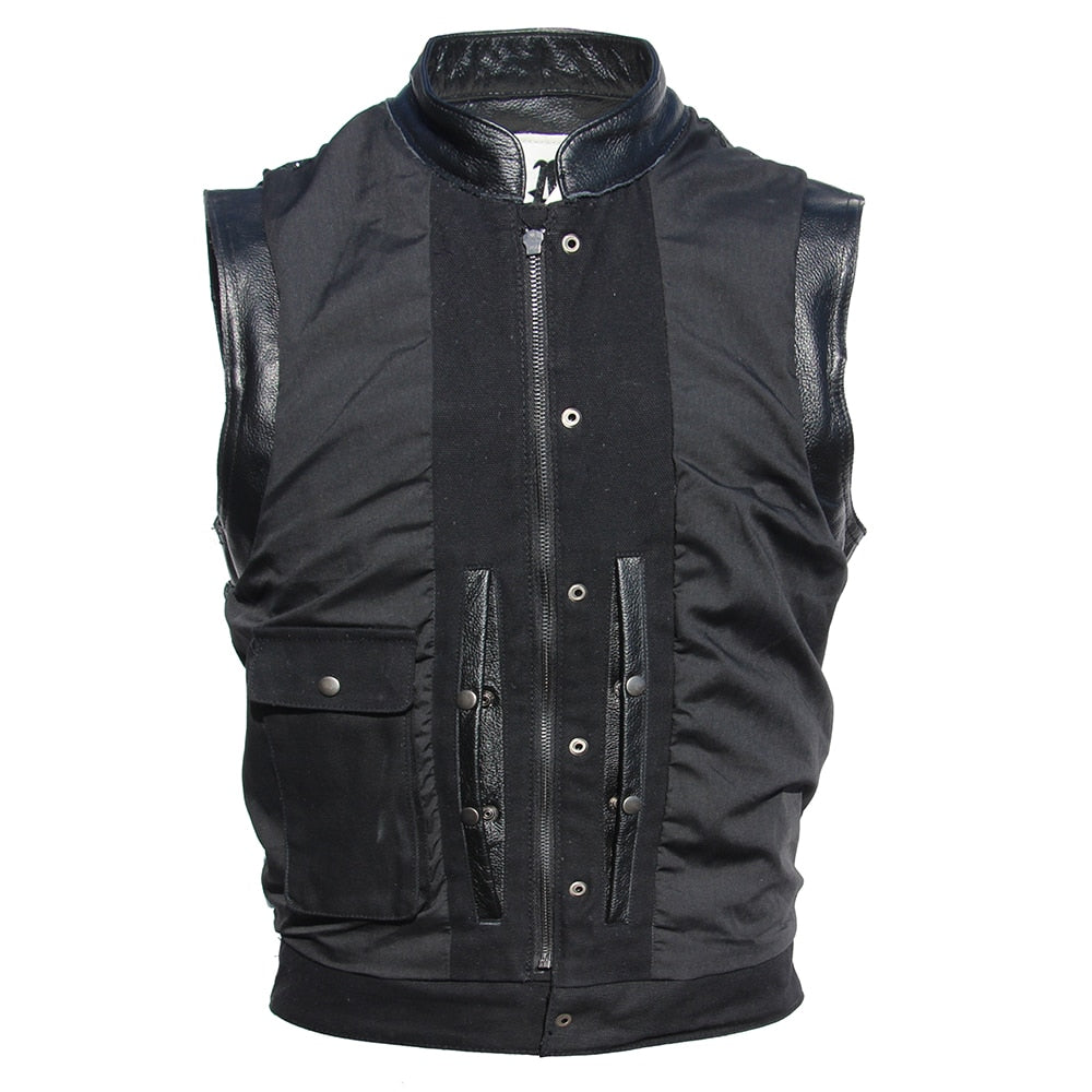 Men's Leather Motorcycle Vest with Embroidered Design - Sons of Anarchy Style